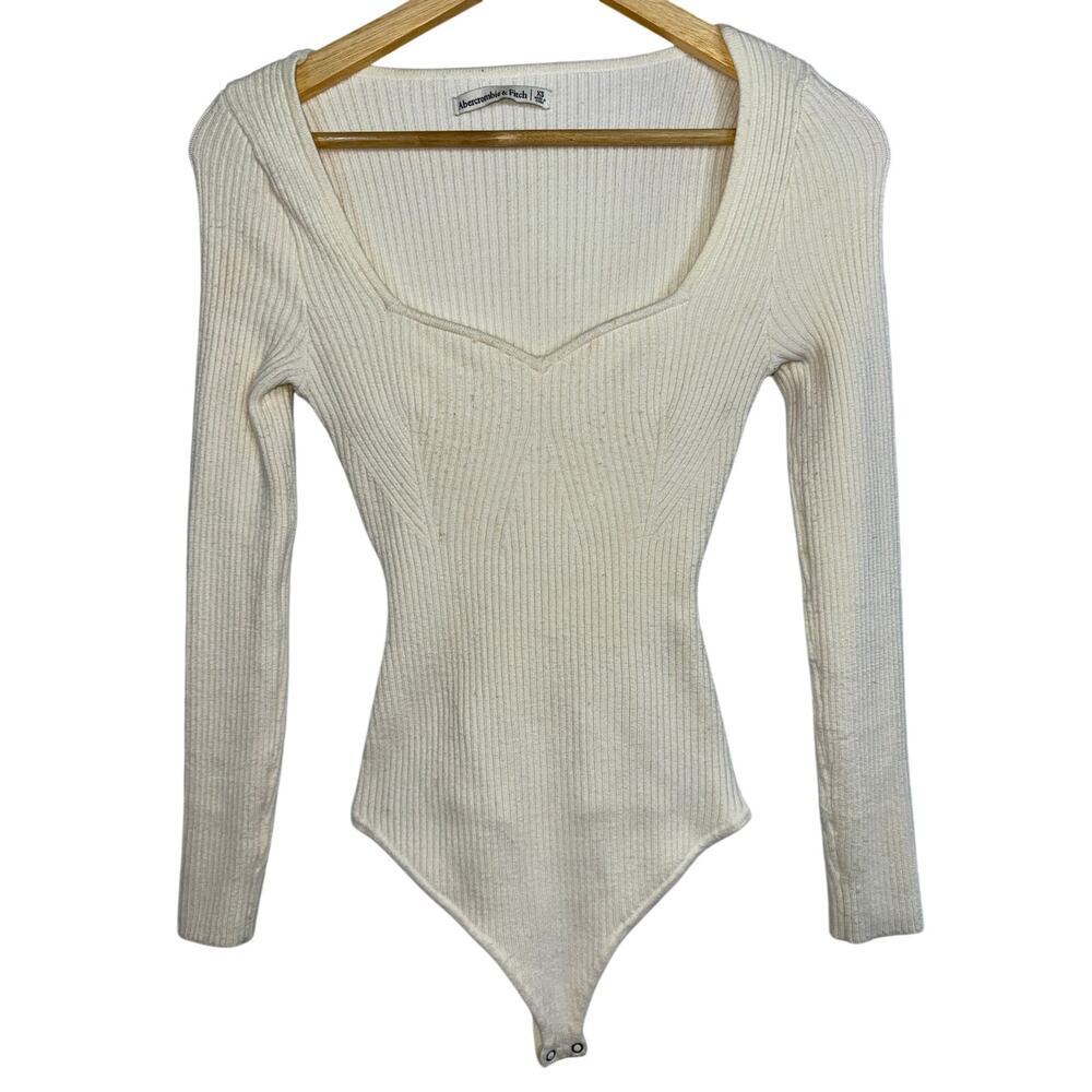 Abercrombie & Fitch Cream Ribbed Knit V-Neck Long Sleeve Bodysuit Womens Size XS